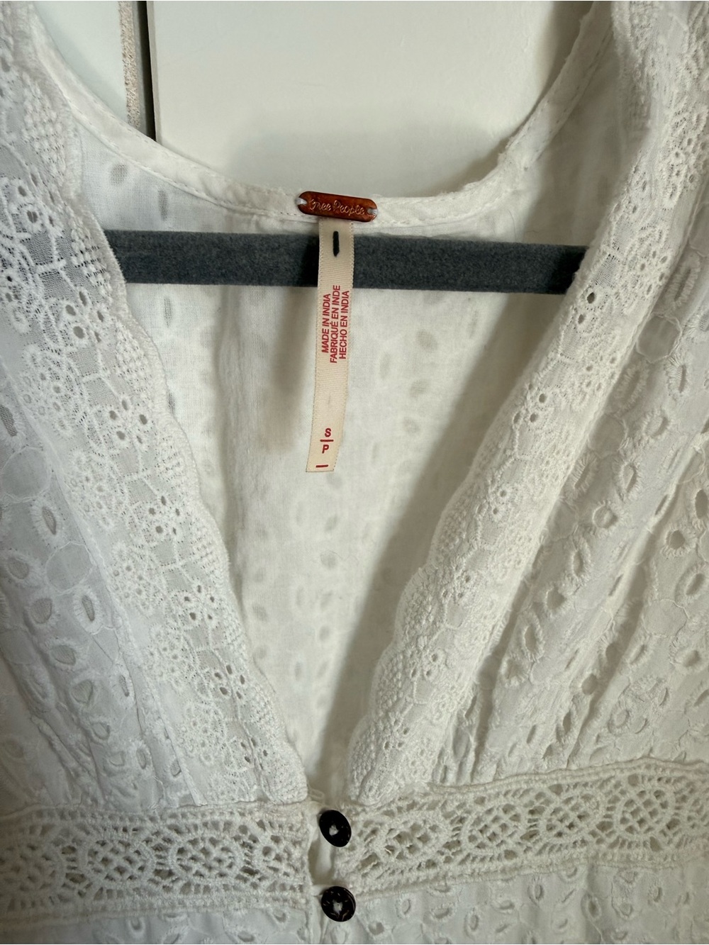 Free People White Eyelet Lace Button-Front Midi Dress with ruffle sleeves. SM - Picture 4 of 9